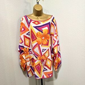 Artistic Drawstring Tunic Womens 14 Multicolor Bright Boho Teacher Office Career